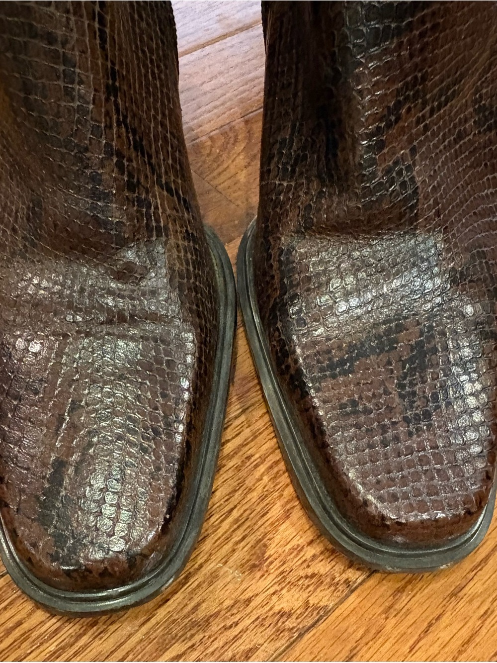 Nine West brown snake embossed square toe leather ankle boot.